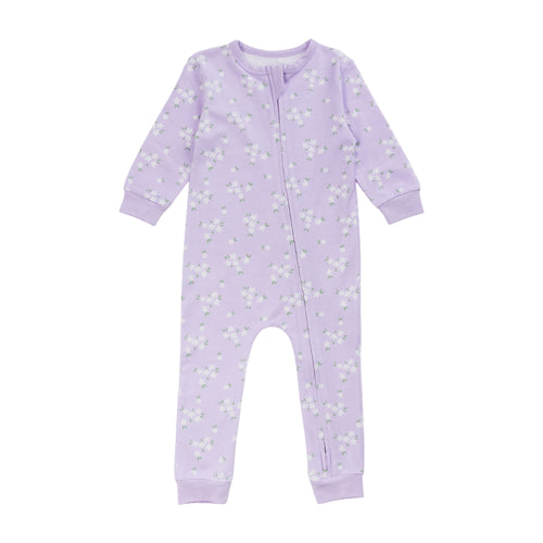 Cotton Zipsuit with a lilac base and an all over floral print on a white background. 