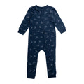 Cotton Zipsuit with a navy base and an all over sailboat print on a white background. 