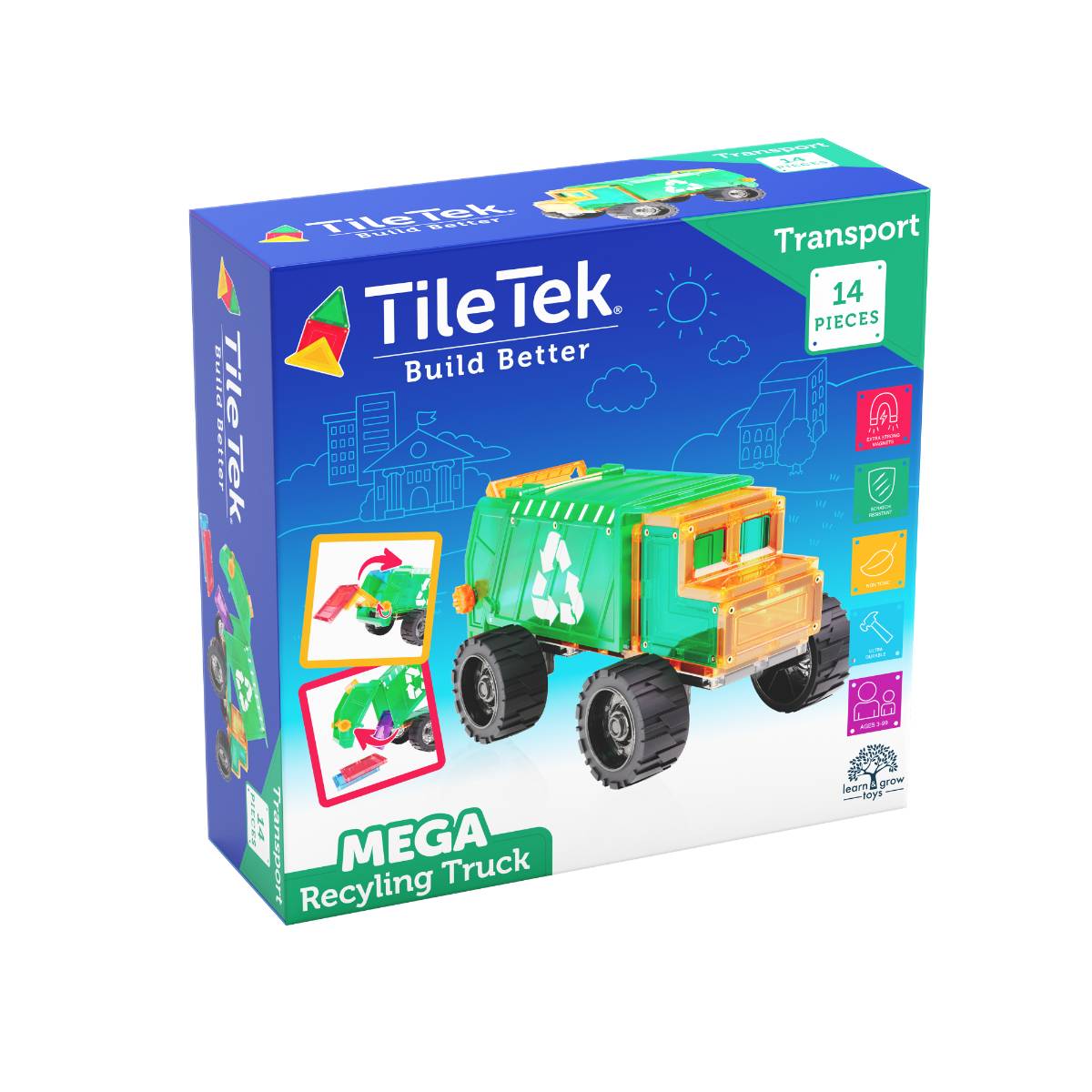 Tile Tek Build Better Mega Recycling Truck toy set in its blue and green retail box, showing a 3D model of the recycling truck and indicating 14 pieces.