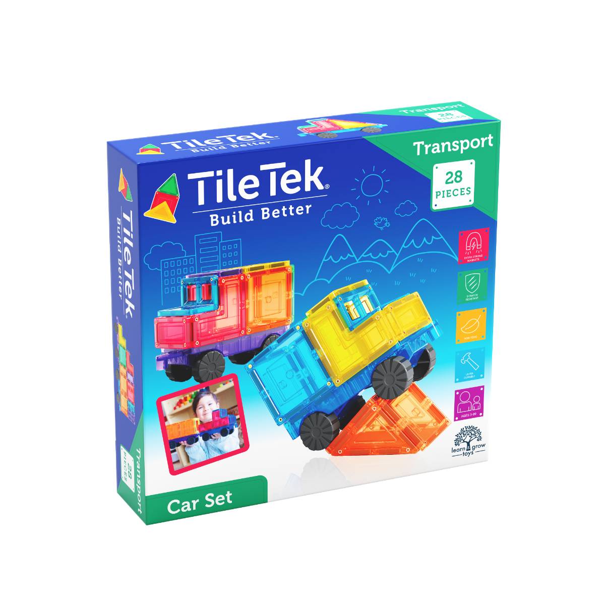 TileTek Build Better Car Set toy box, featuring a blue and green packaging design with illustrations of a red and yellow semi-truck made from the magnetic tiles.