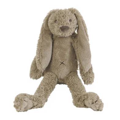 A plush stuffed bunny toy in a light taupe-brown color, sitting against a plain white background.