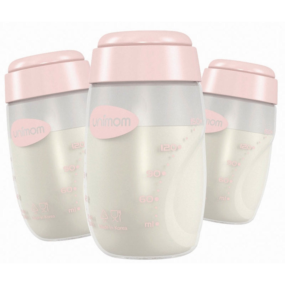 Three Uninom baby bottles with translucent white bodies, pink caps, and pink measurement markings, arranged in a studio shot on a white background.