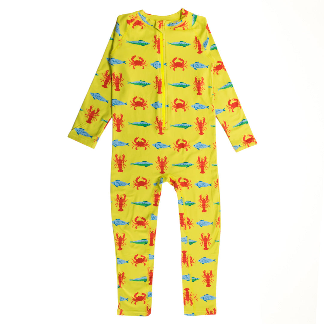Full Neon Swimsuit with Half Zip in Neon Lobster pattern on a white background
