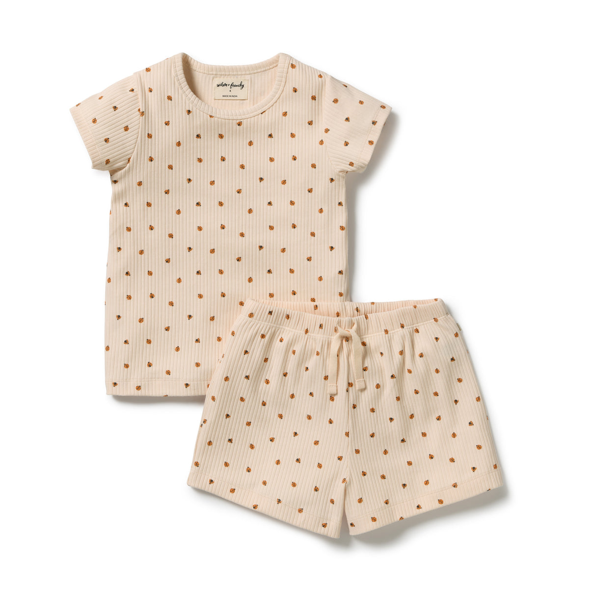 Short Sleeve Pyjamas - Little Lady Bugs on a white background. 