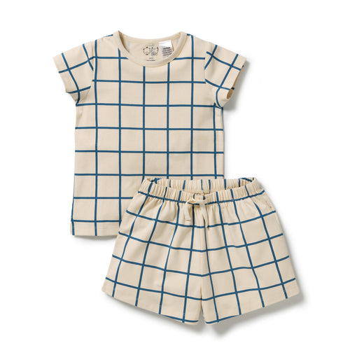 Short Sleeve Pyjamas - Bright Blue Check on a white background. 