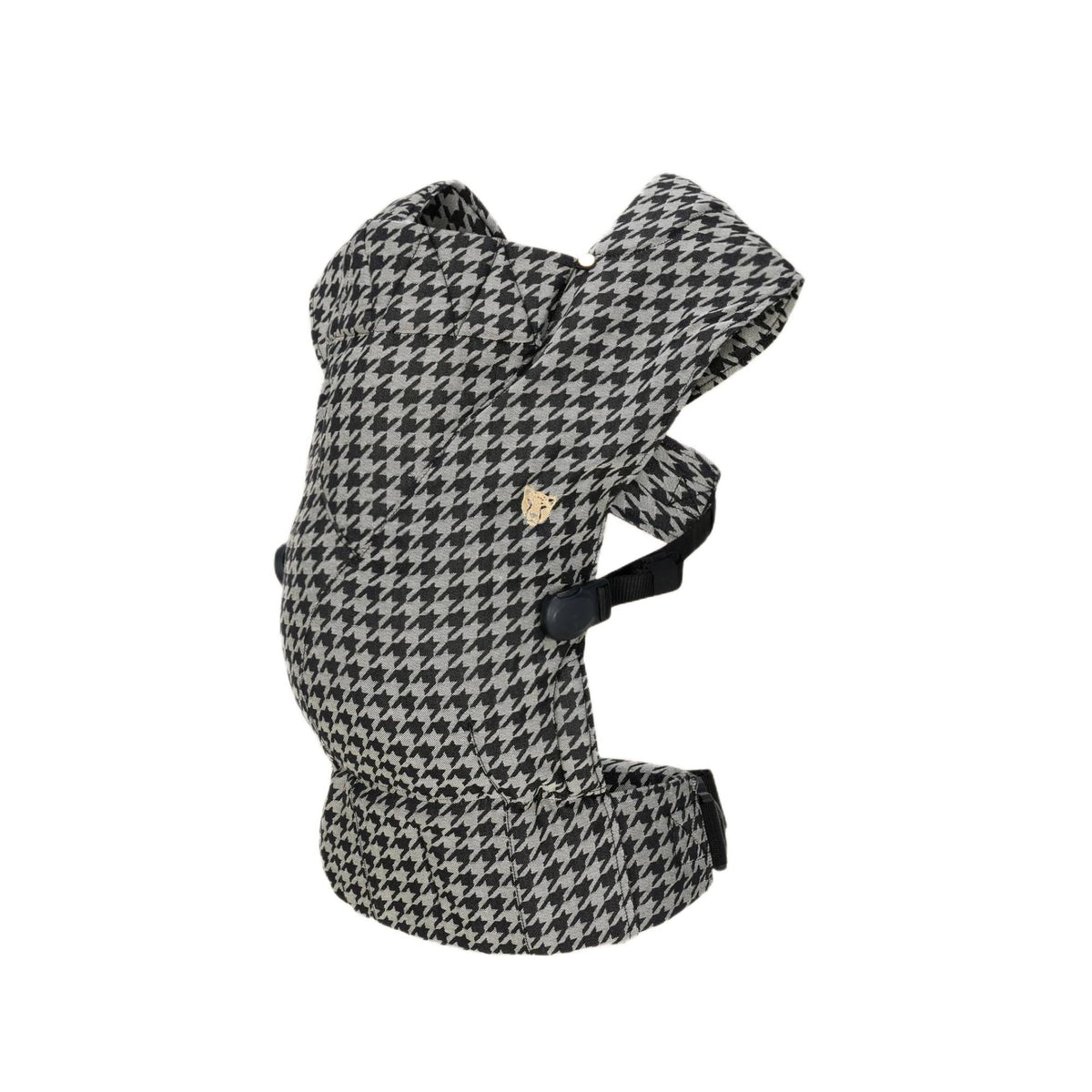 A black and grey baby carrier on a white background. 