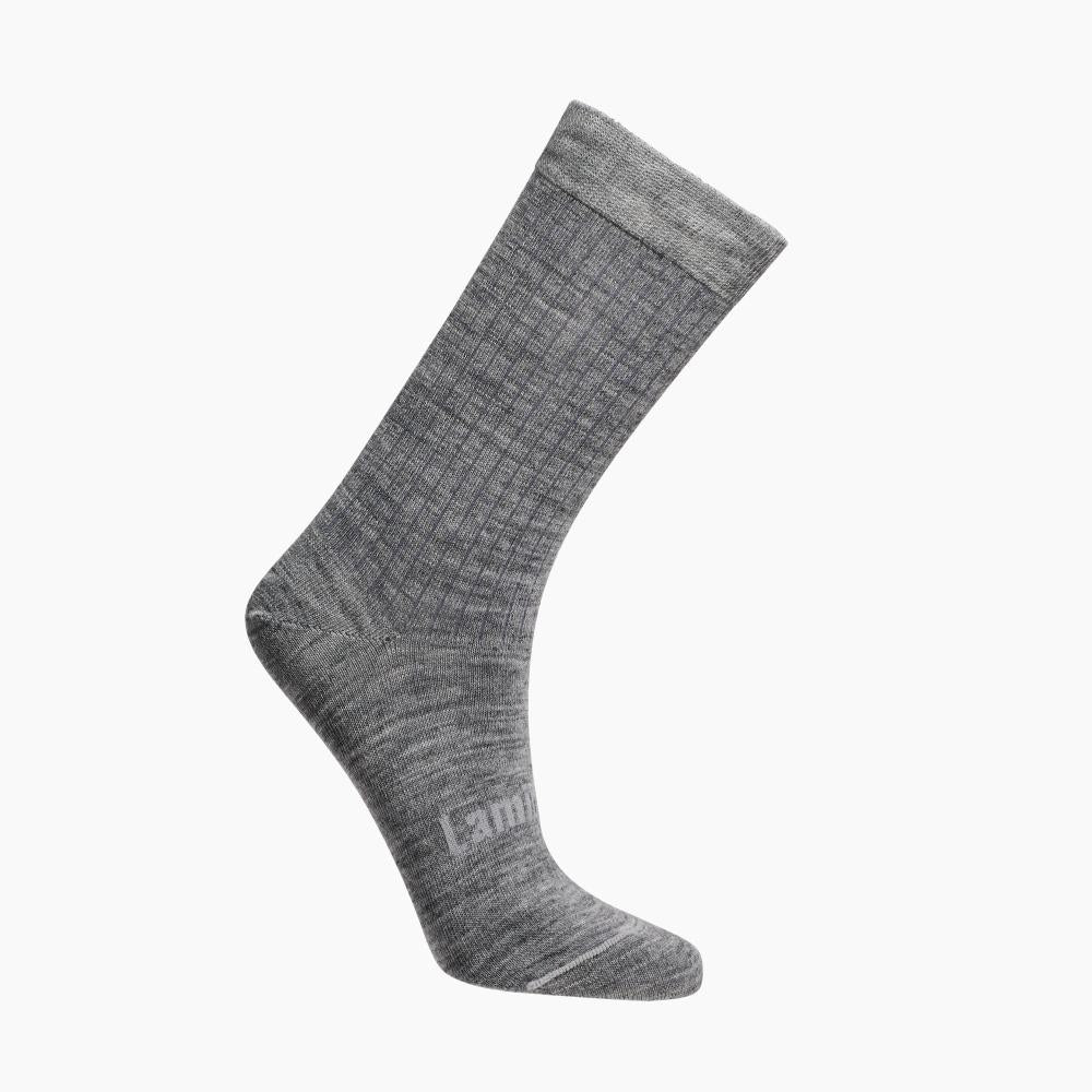 Grey rib merino crew socks on a white background