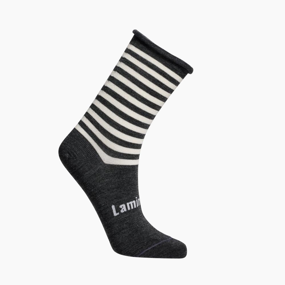 grey white stripe crew socks on a white background