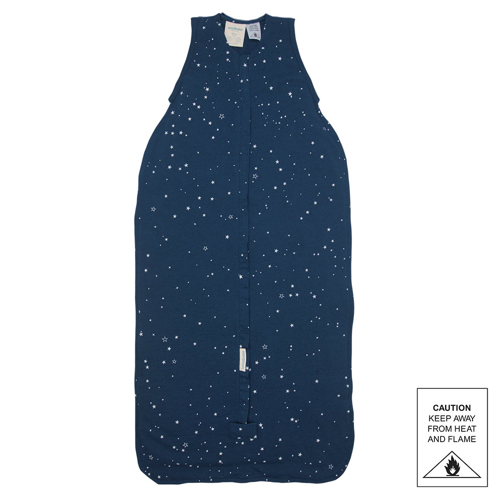 Navy blue sleeping bag with star pattern on a white background