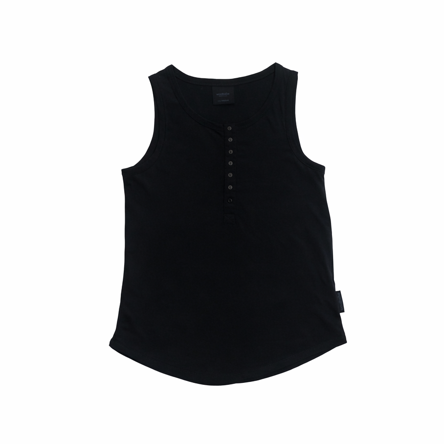 Black sleeveless breastfeeding top on a white background