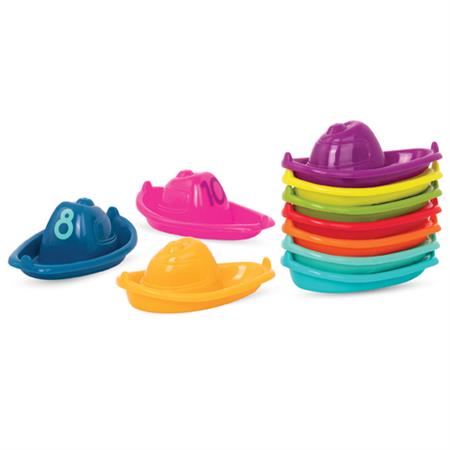 Rainbow Battat bath boats against white background.
