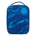 Blue insulated lunch bag with handle on a white background