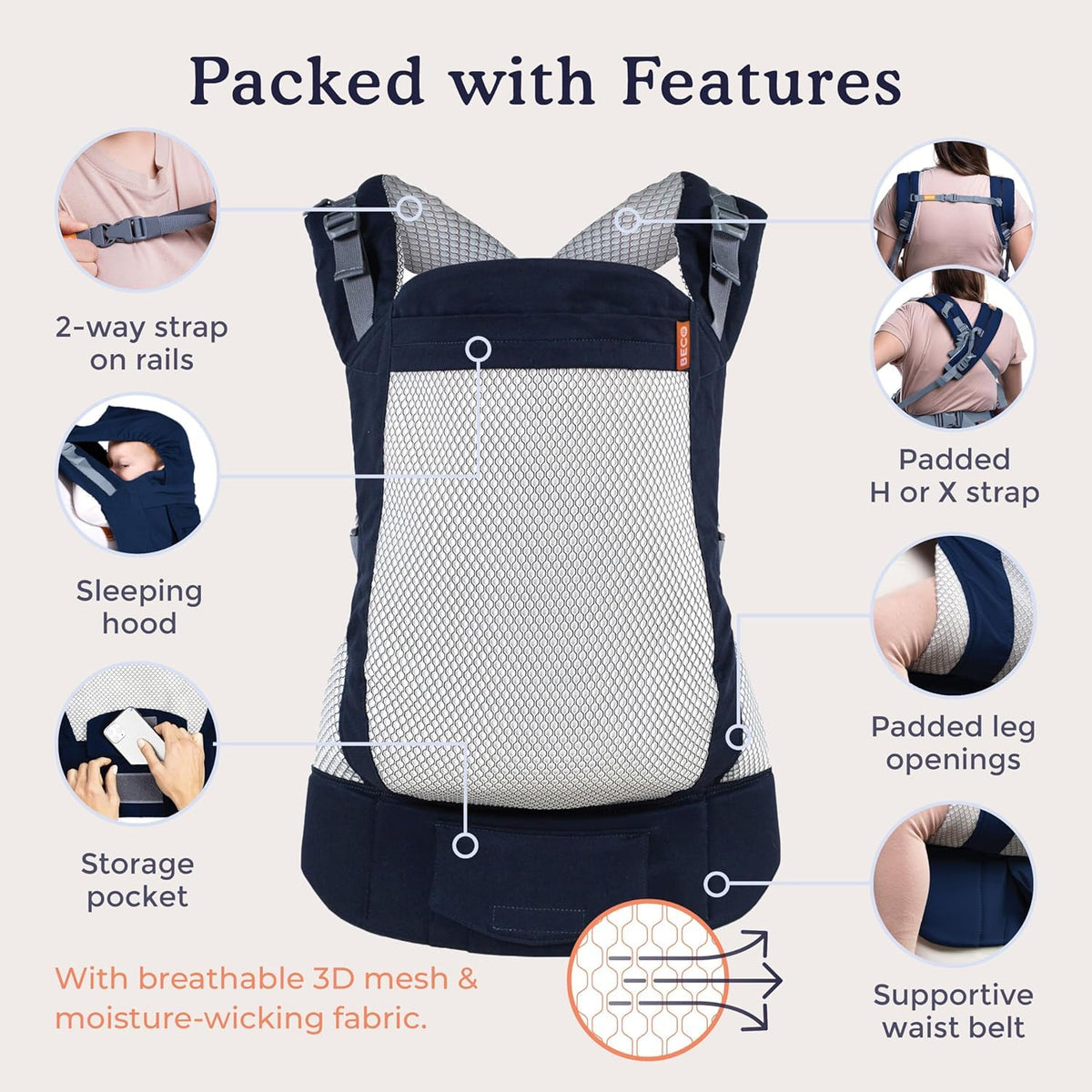 Beco Toddler Carrier Cool with features highlighted on a light beige background