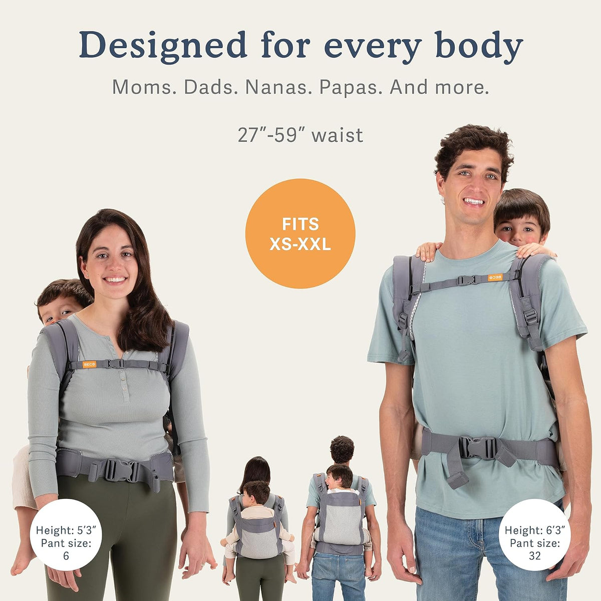 Two people using a baby carrier with text indicating it fits various body types and waist sizes.