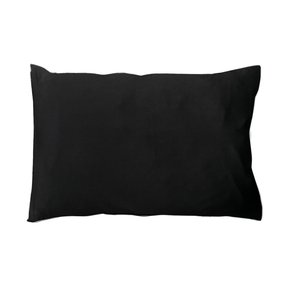 A plain black rectangular silk pillow or cushion shown against a solid white background.