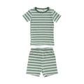 Short sleeve green striped cotton pyjamas on a white background