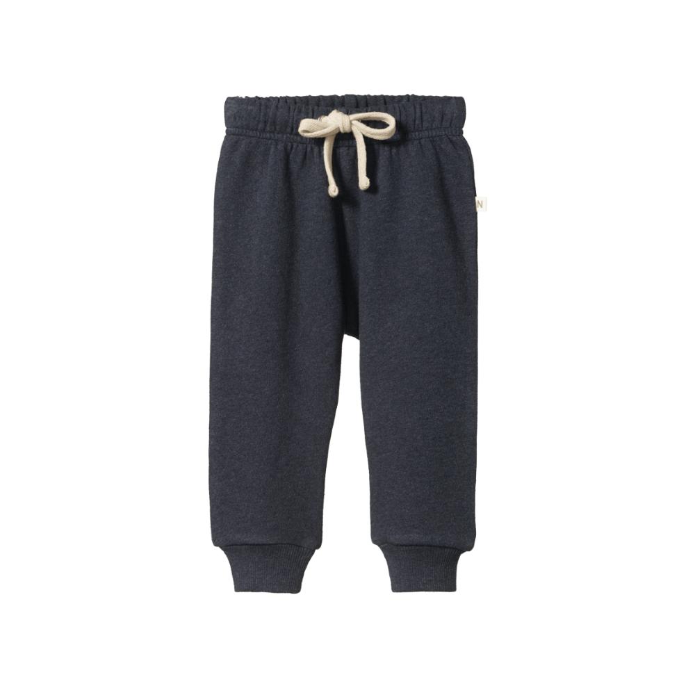 Cotton navy sweatpants with a beige drawstring on a white background