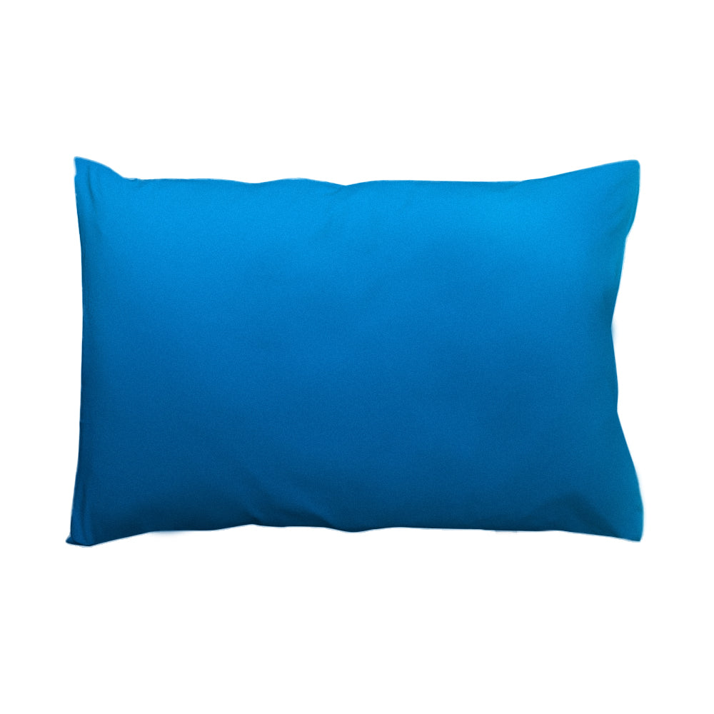 A bright blue silk rectangular pillow or cushion shown against a plain white background.
