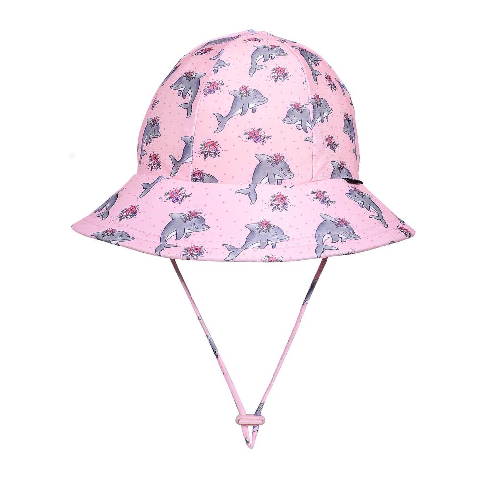 Swim Ponytail Bucket Sun Hat - Dolphin on a white background