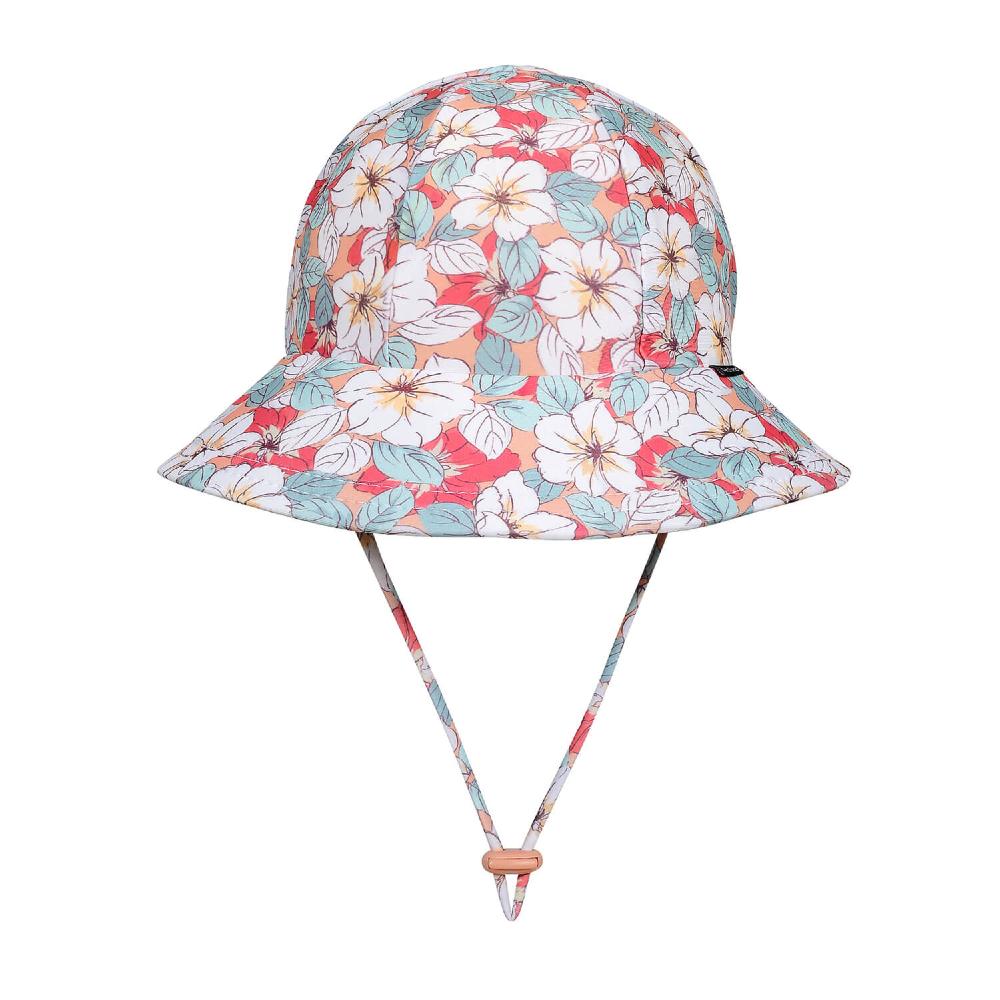 Swim Ponytail Bucket Sun Hat - Hibiscus on a white background