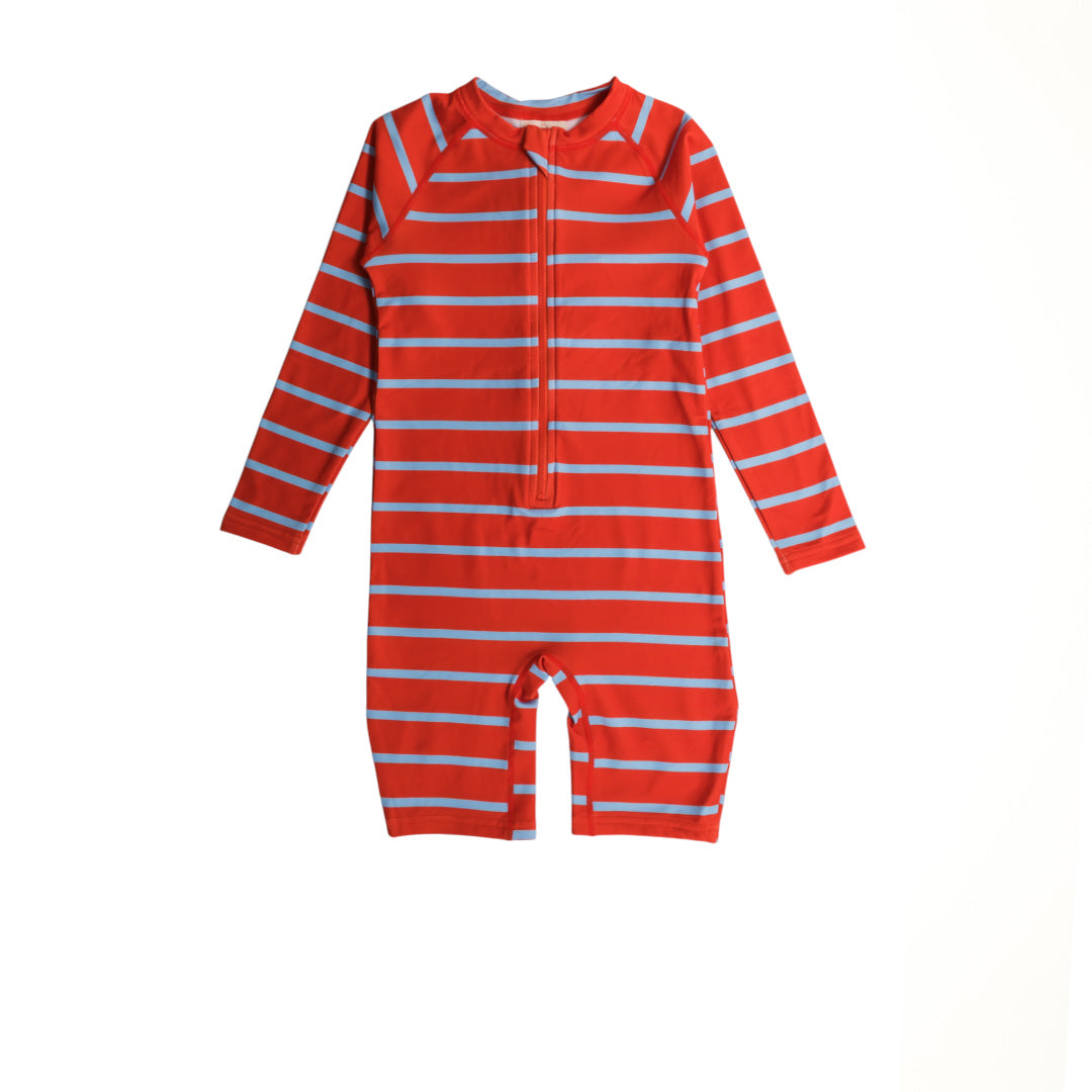 Neon Shortie Swimsuit with Half Zip in Red Stripe pattern on a white background