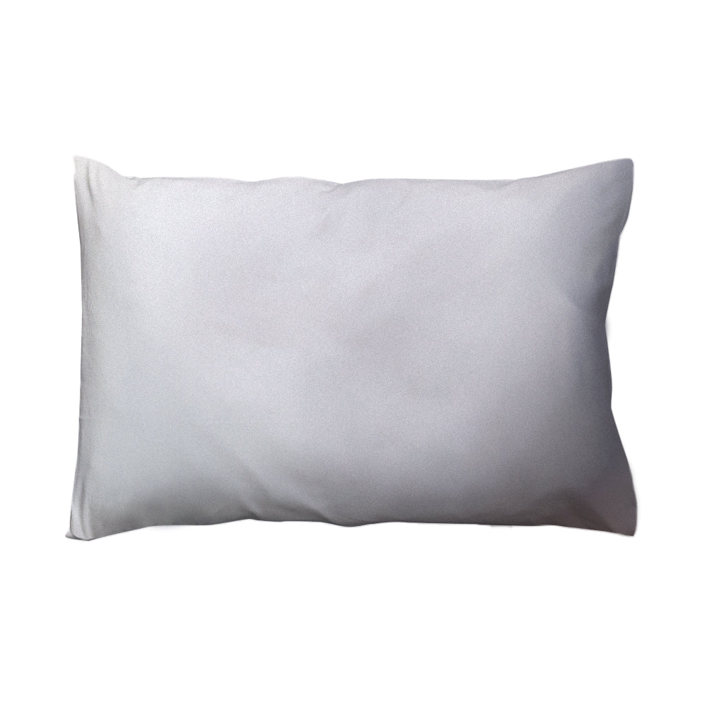 A silver coloured silk rectangular pillowcase shown against a solid white background.
