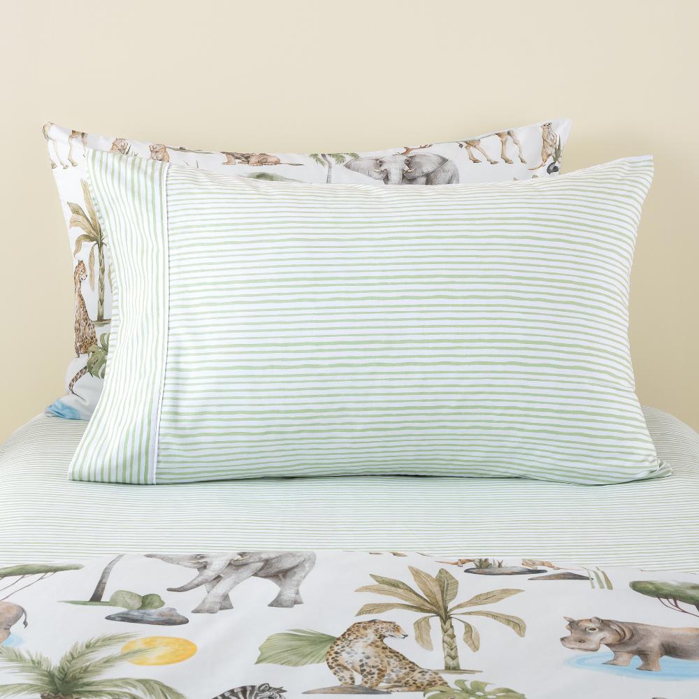 Cotton Fitted Sheet + Pillowcase Set - Scribble Stripe Green