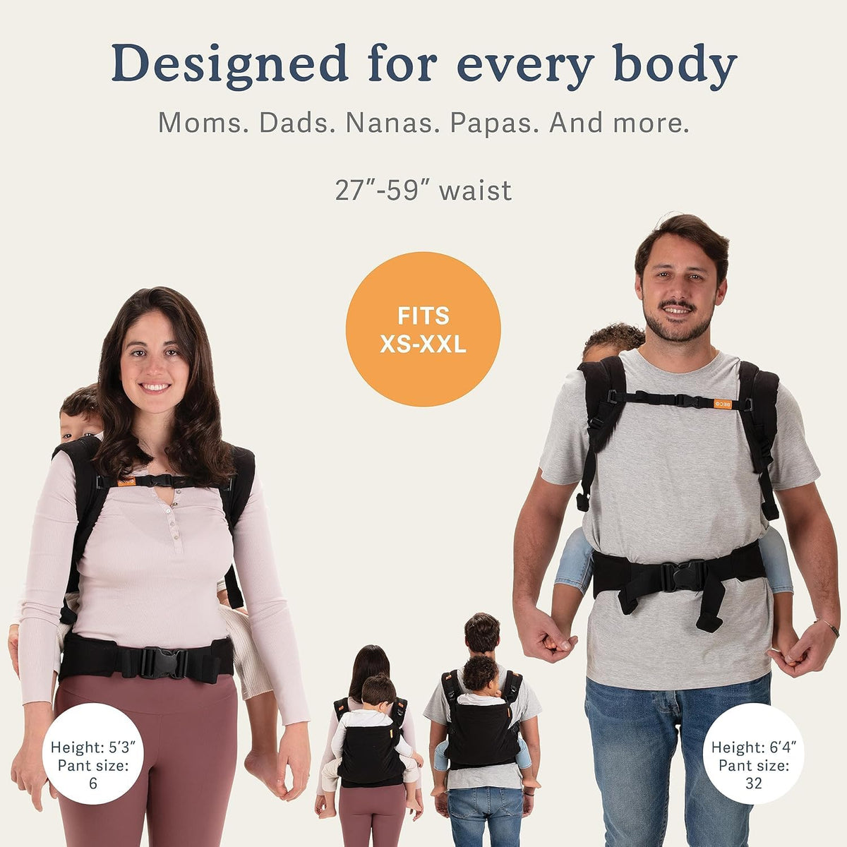 People using a baby carrier with text indicating it fits various body types and waist sizes.
